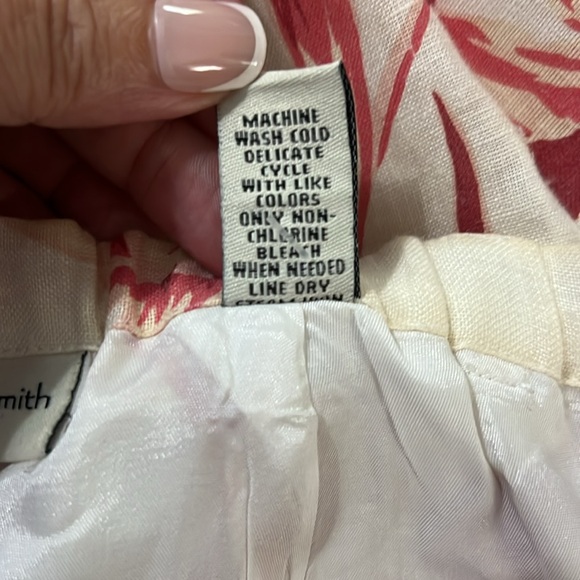 Amanda Smith Linen Cream & Coral Floral Wide Leg Pants Size L Boho Resort Work - Picture 11 of 11